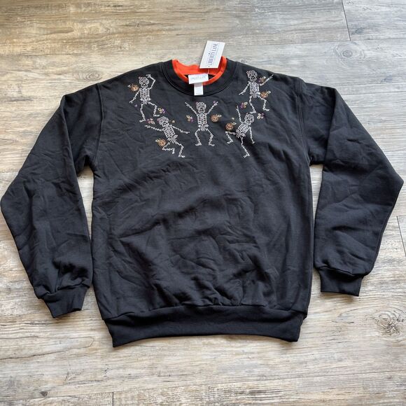 Halloween Vintage Sweatshirt Small Black Orange Skeletons Liberty Lane Spooky - Picture 1 of 9
